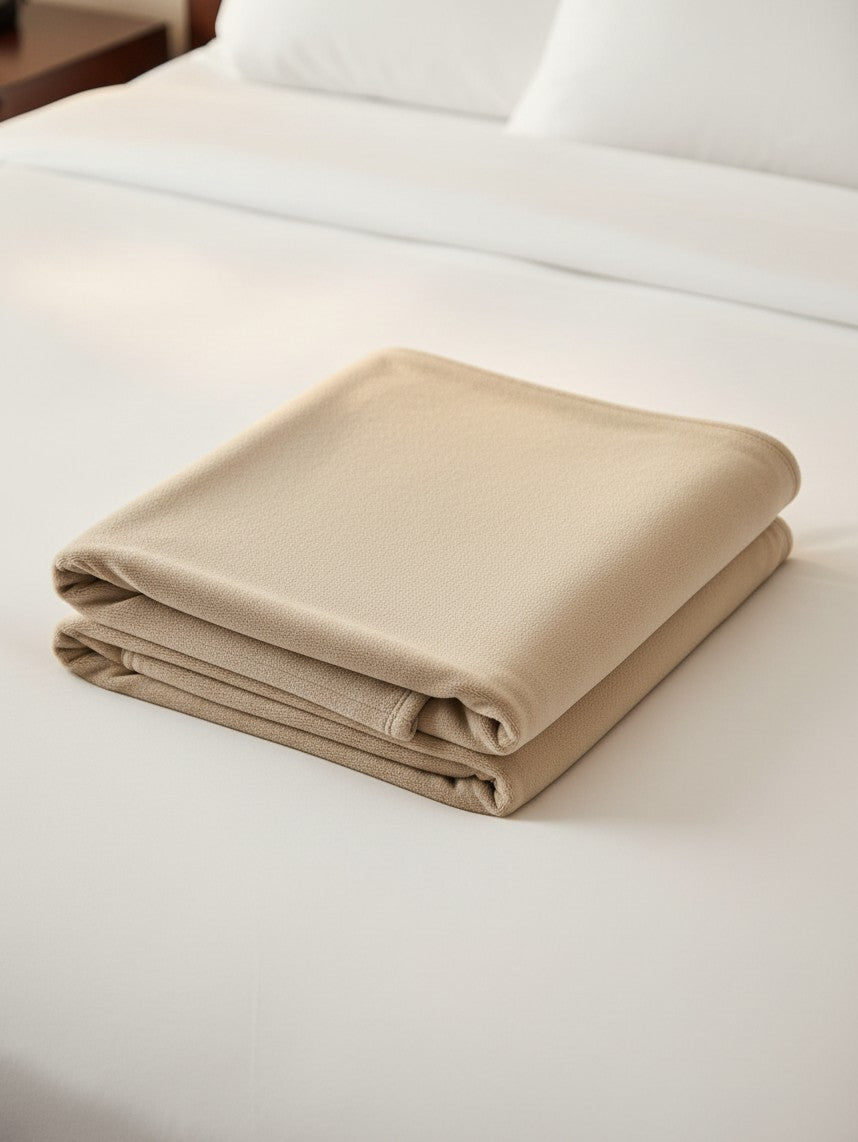 Valiant Products khaki plush microfiber blanket with a soft Raschel knit texture folded neatly on a white hotel bed.