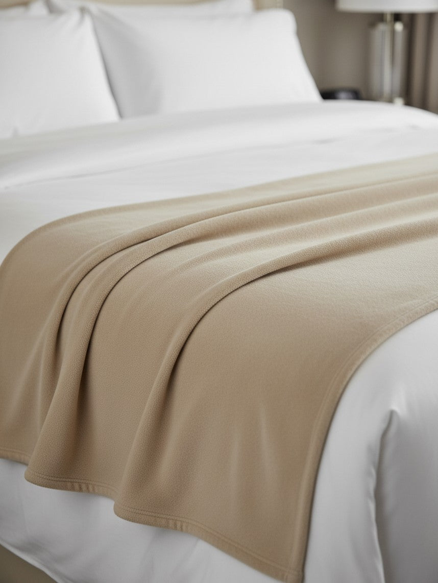 Valiant Products khaki plush microfiber blanket draped over a white hotel bed with a soft Raschel knit texture