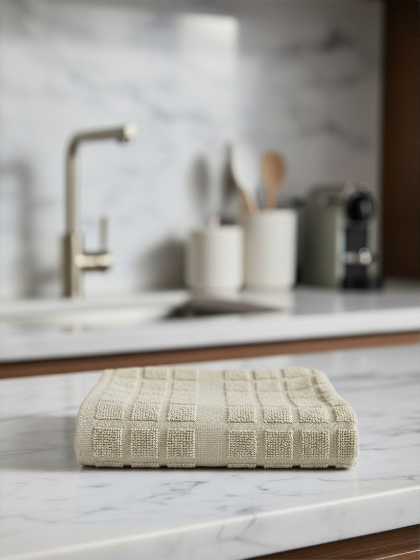 Valiant Products khaki kitchen towel with a textured square pattern folded on a marble countertop in a modern kitchen.