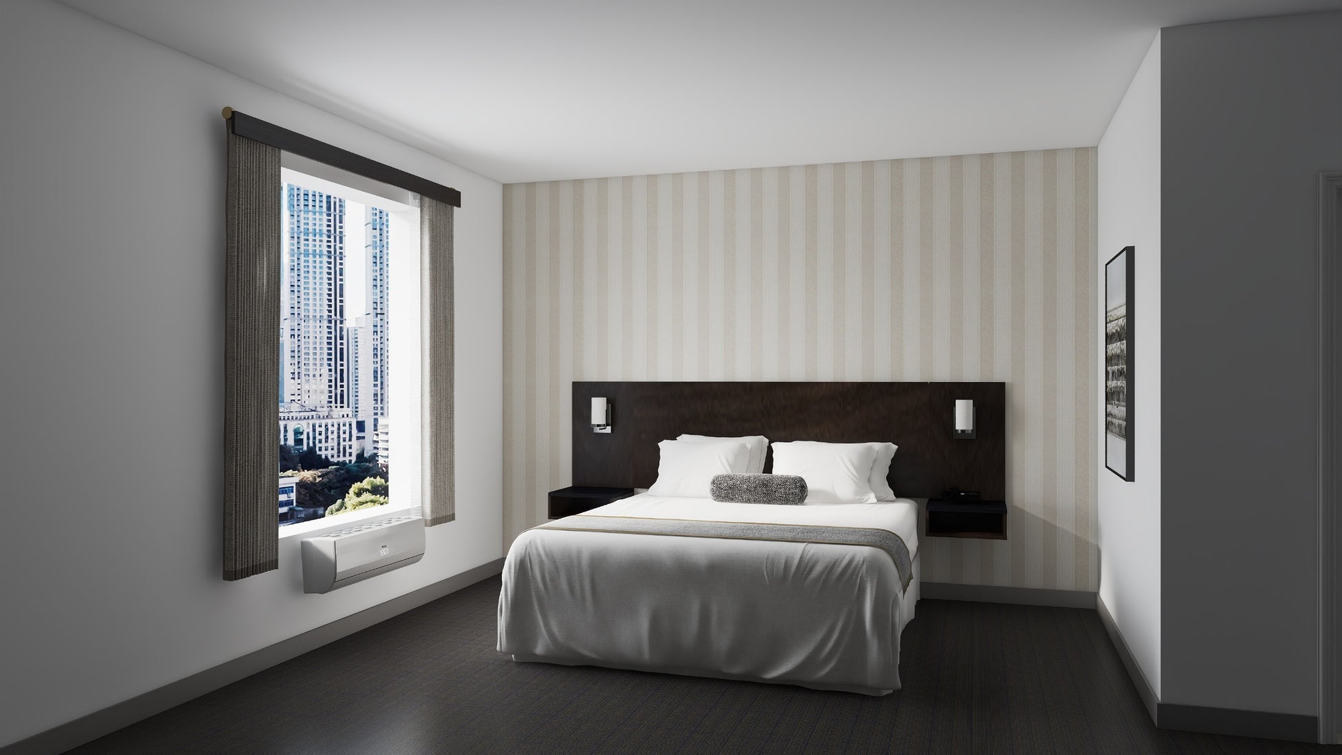 Valiant Products king headboard in dark wood with a minimalist horizontal design in a modern hotel guestroom