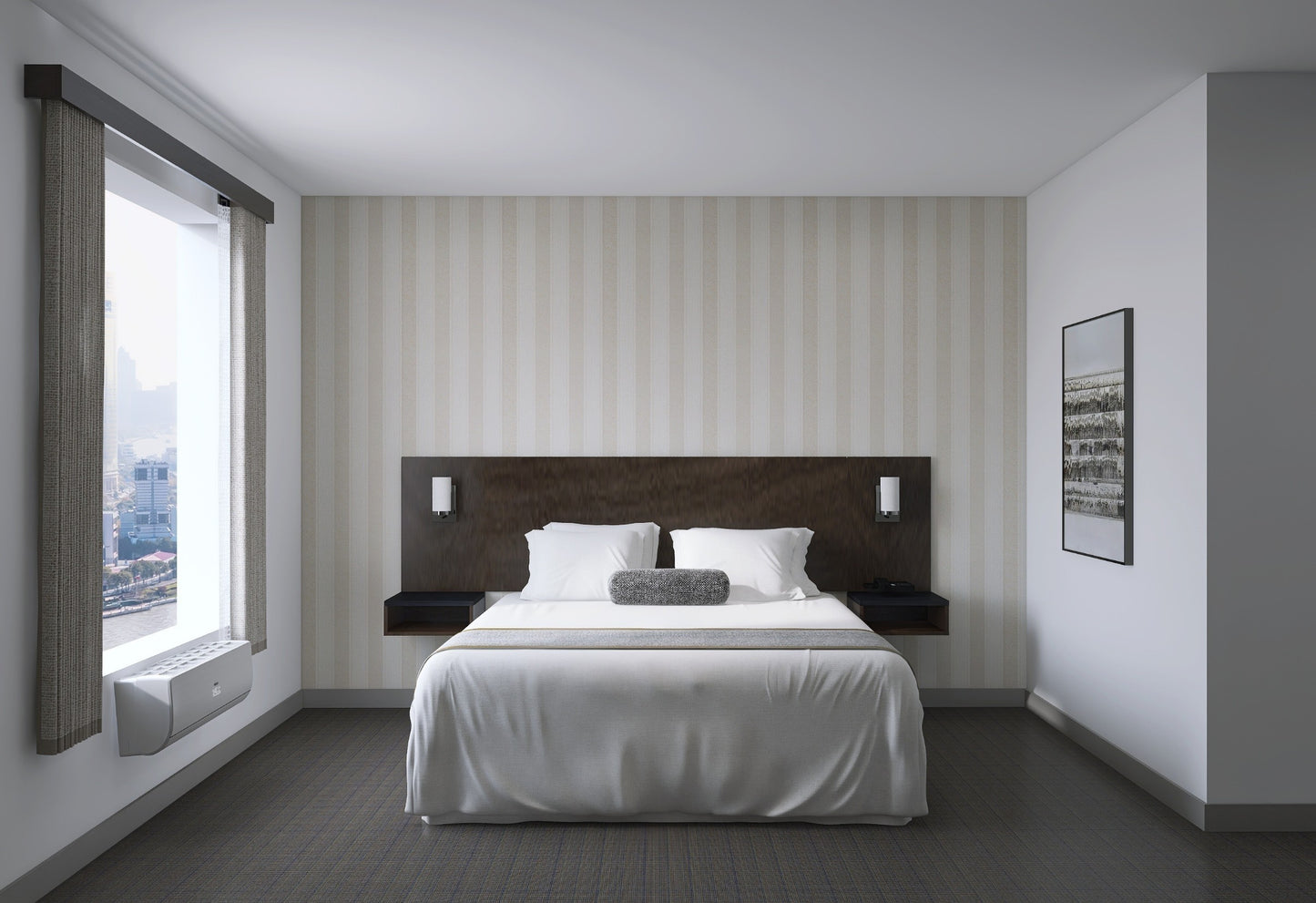 Valiant Products king headboard in dark wood with integrated floating nightstands in a modern hotel bedroom setting.