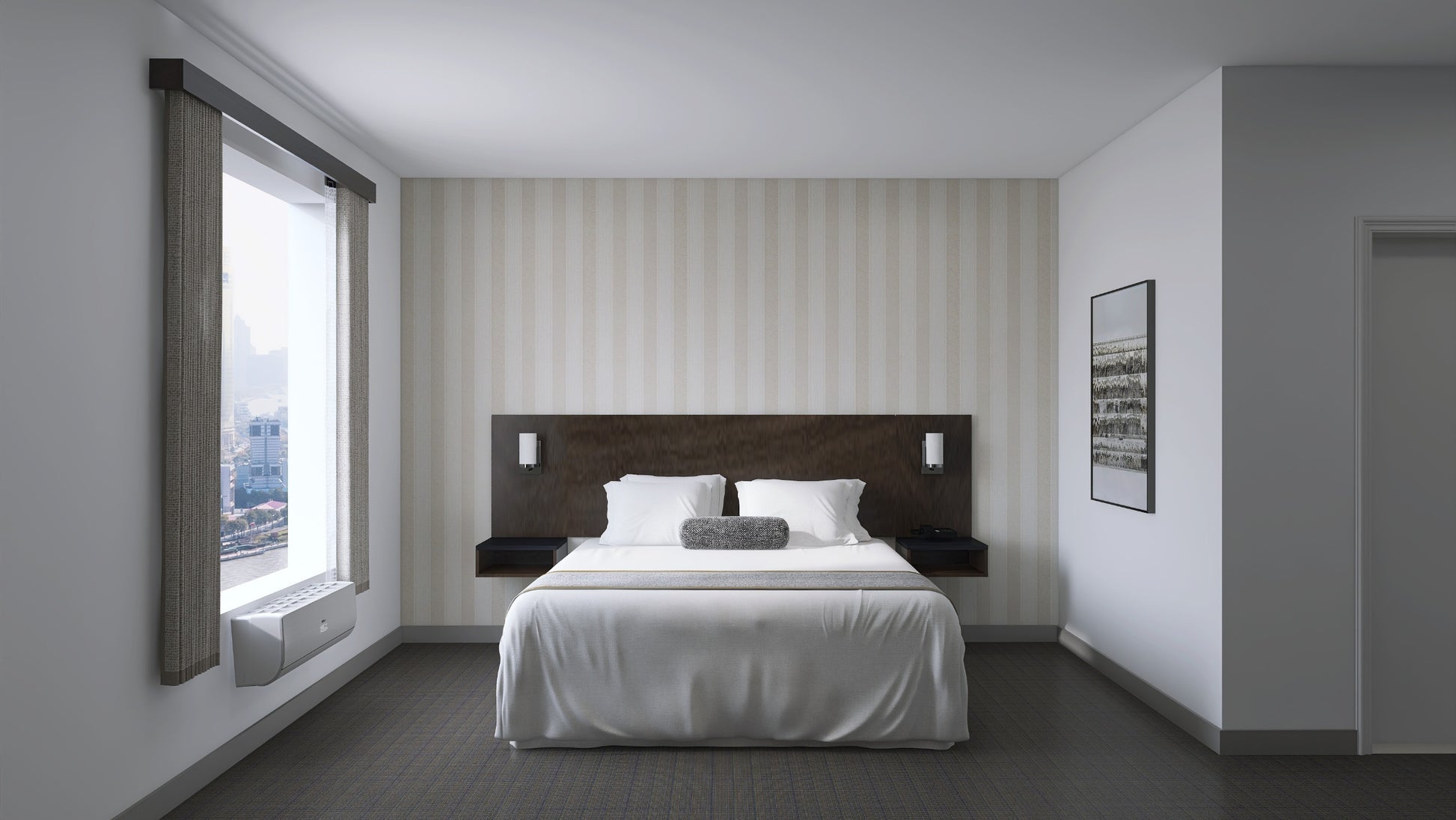 Valiant Products king headboard with a dark wood finish and integrated nightstands in a modern hotel guestroom.