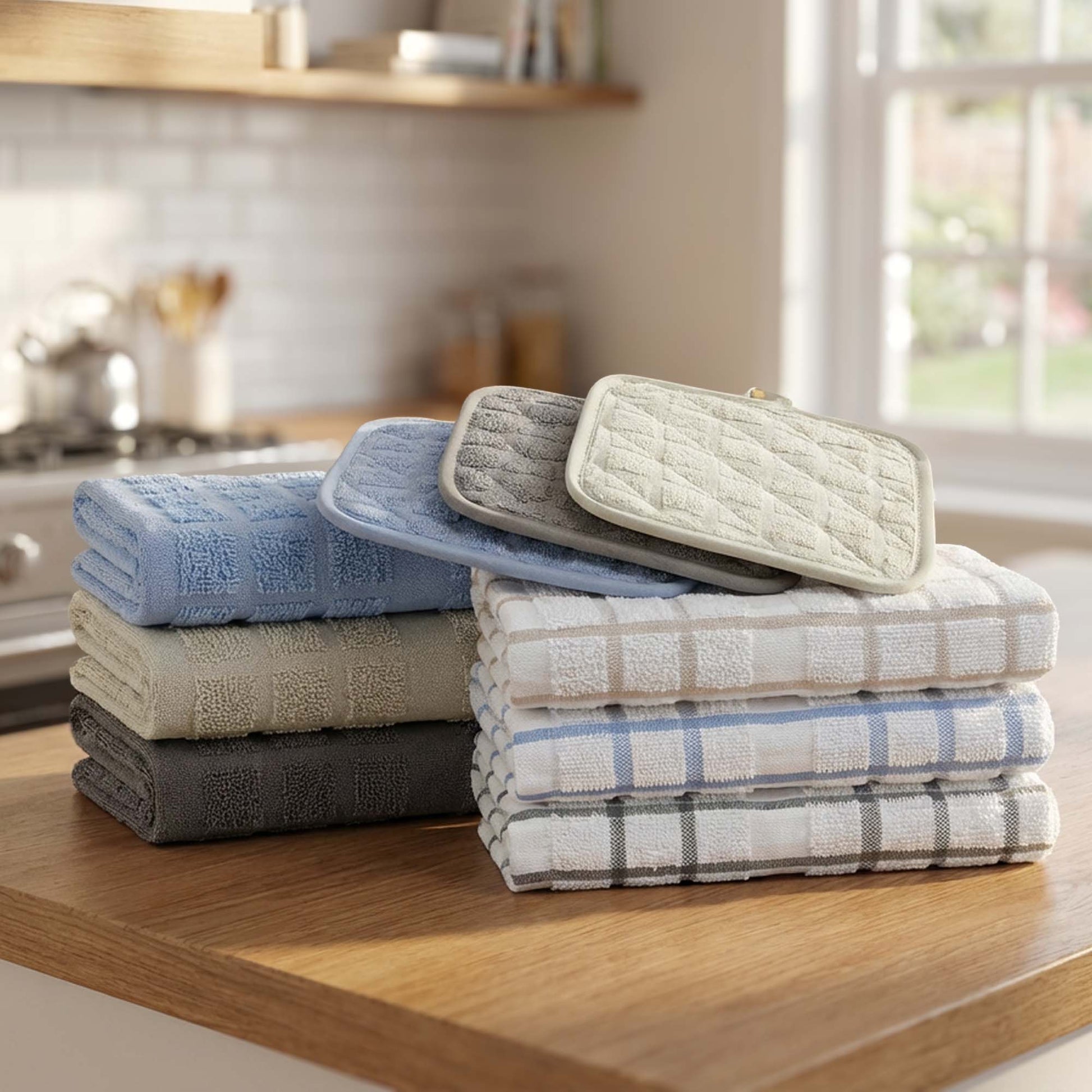 Valiant Products kitchen towel and pot holder set in assorted solid and windowpane patterns on a wooden counter.