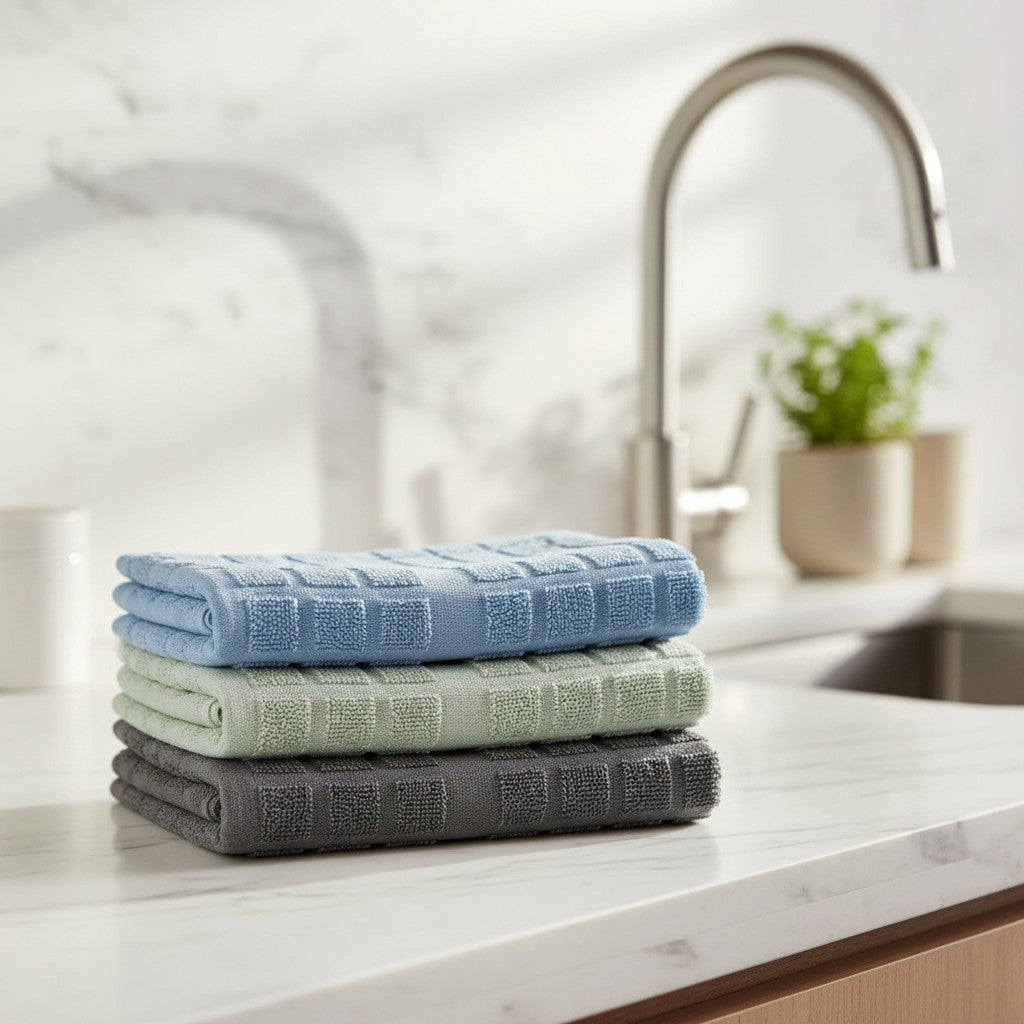 Valiant Products kitchen towels in blue, light green, and grey stacked on a marble countertop by a kitchen sink.