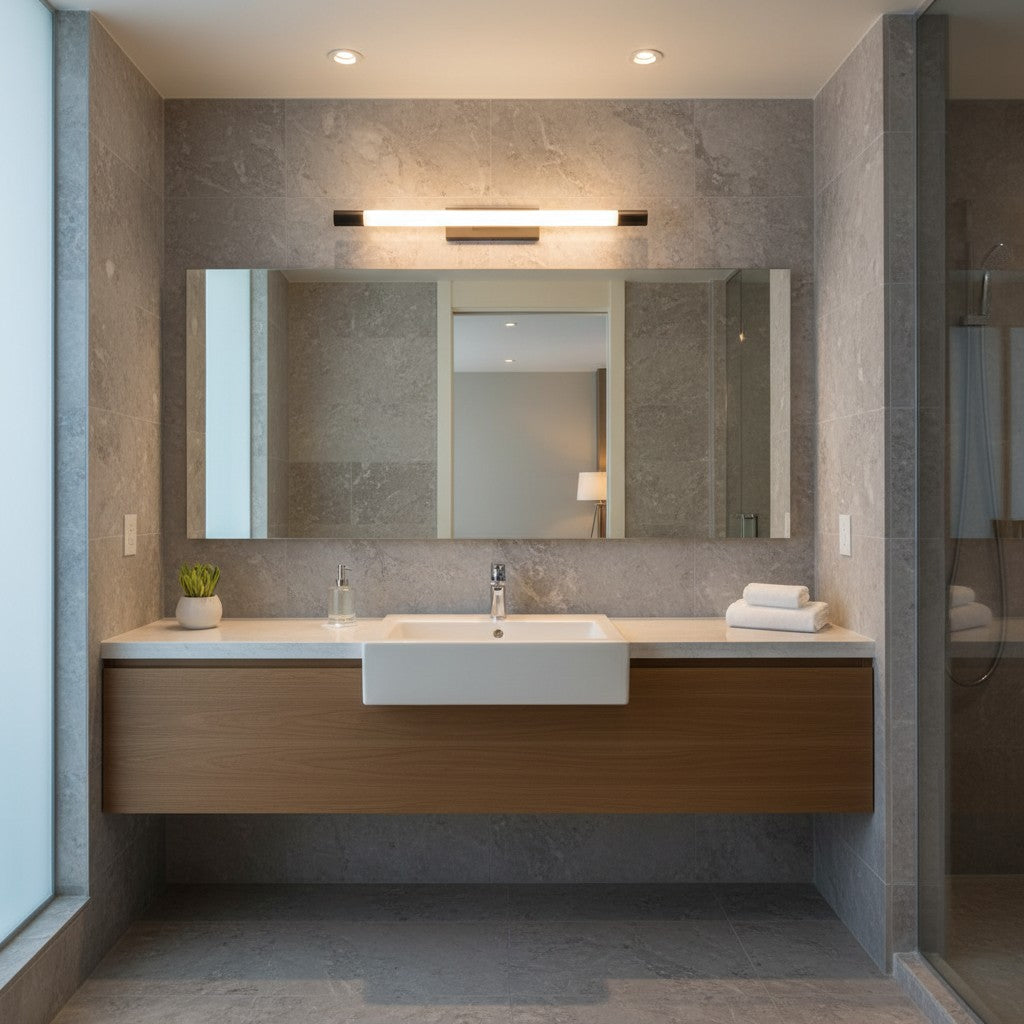 Valiant Products Kotamo LED vanity light with matte black finish and frosted white acrylic tube shade in a bathroom.