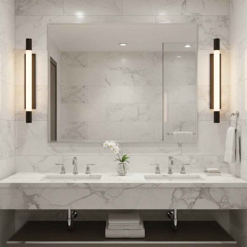Valiant Products Kotamo LED vanity light with matte black finish and frosted white acrylic tube shade in a bathroom.