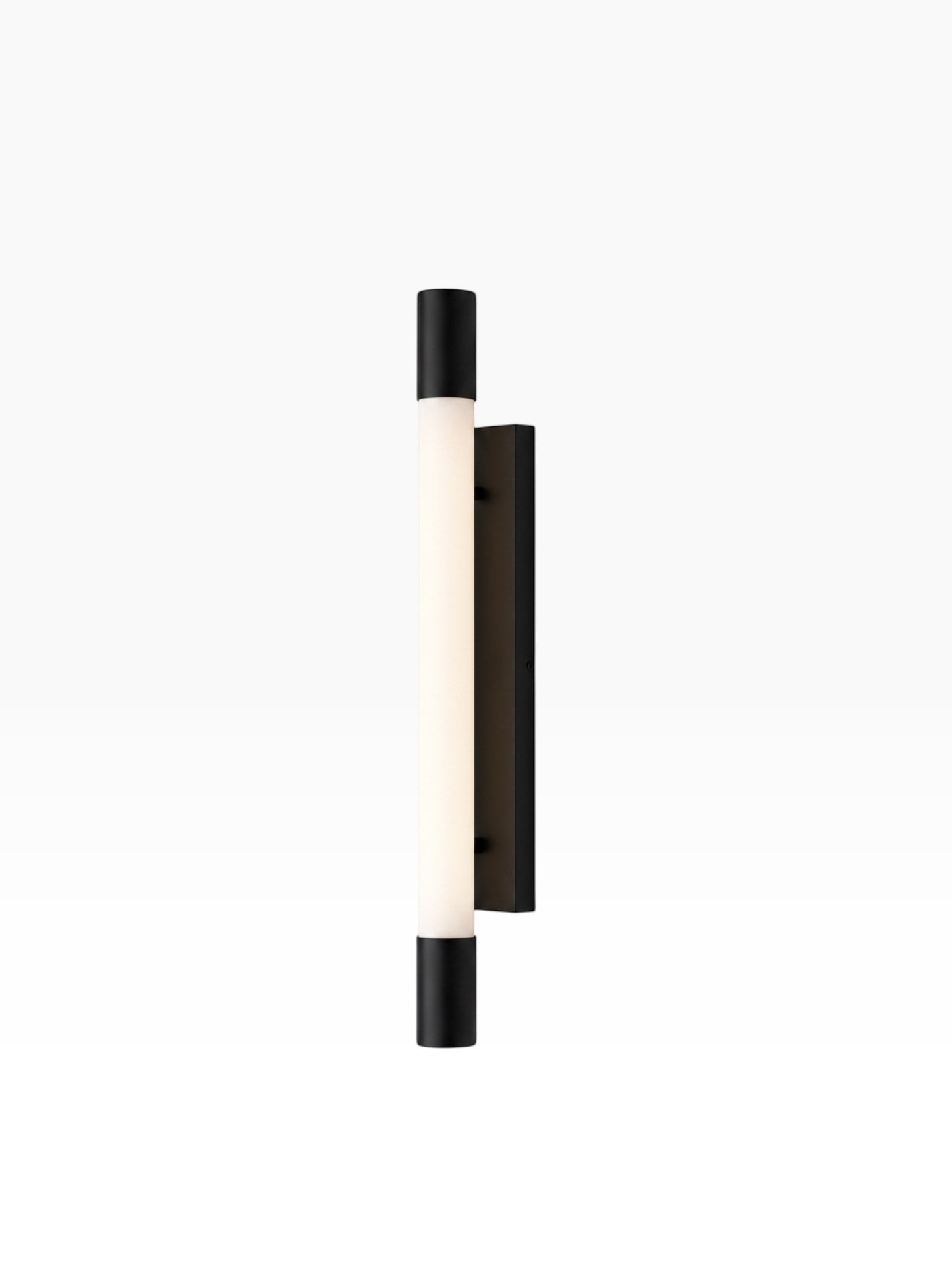 Valiant Products Kotamo LED vanity light in matte black with a vertical frosted white acrylic tube shade.