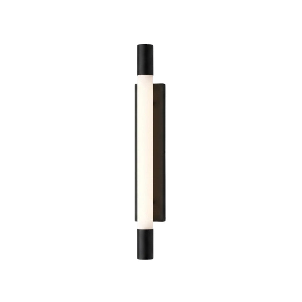 Valiant Products Kotamo LED vanity light with a matte black finish and a vertical frosted white acrylic tube shade.