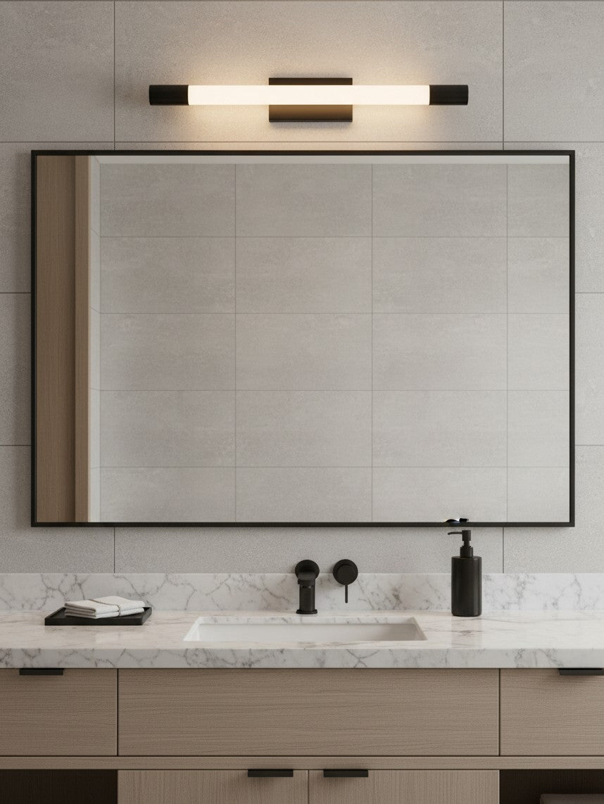 Valiant Products Kotamo LED vanity light with matte black finish and frosted white acrylic tube shade above a mirror.
