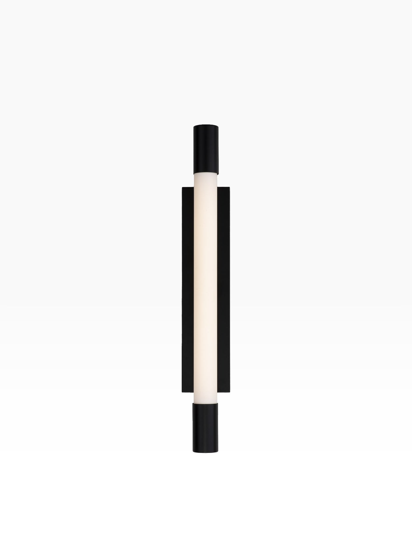 Valiant Products Kotamo vanity light featuring a matte black finish and a vertical frosted white acrylic tube shade.