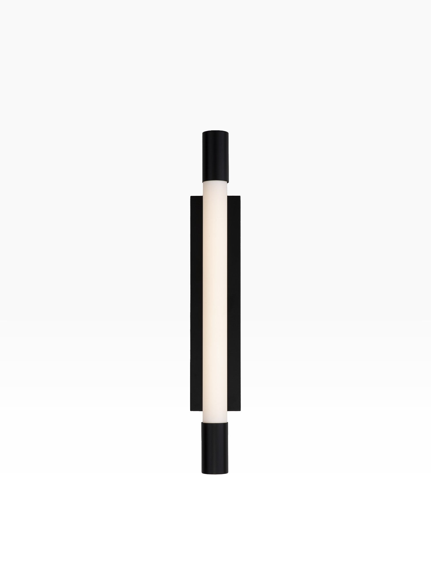 Valiant Products Kotamo vanity light featuring a matte black finish and a vertical frosted white acrylic tube shade.