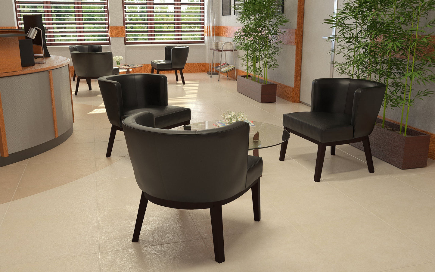 Valiant Products Langford accent chairs in black CaresoftPlus vinyl with wooden legs arranged in a modern office lobby.
