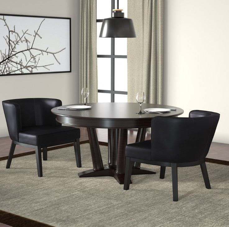 Valiant Products Langford accent chairs in black vinyl with wooden legs arranged around a dark wood dining table.