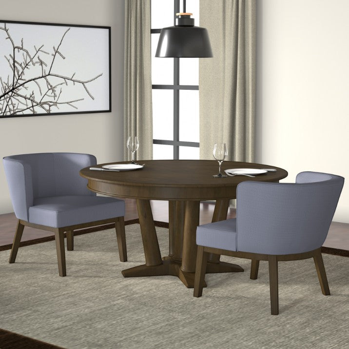 Valiant Products Langford guest accent chairs in slate grey linen with dark wooden legs around a round dining table.
