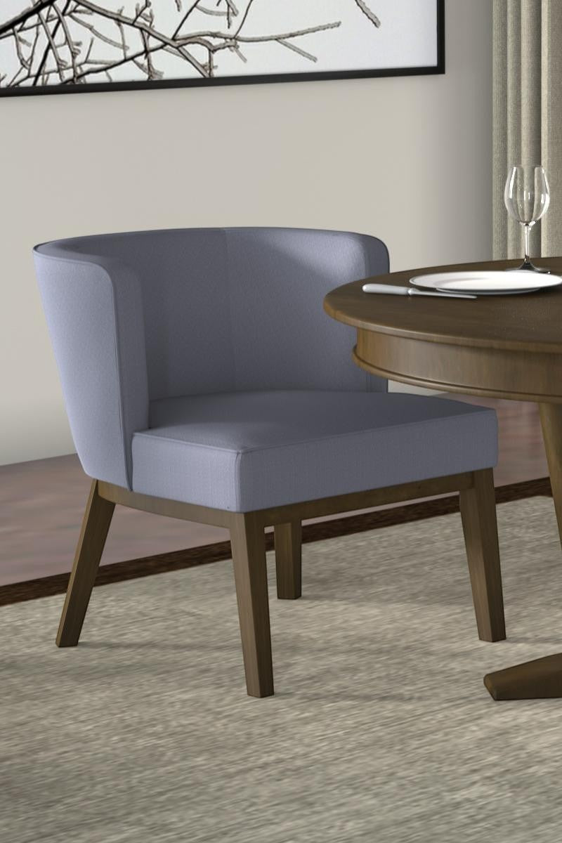 Valiant Products Langford accent chair in grey linen with a curved back and sturdy wooden legs at a dining table