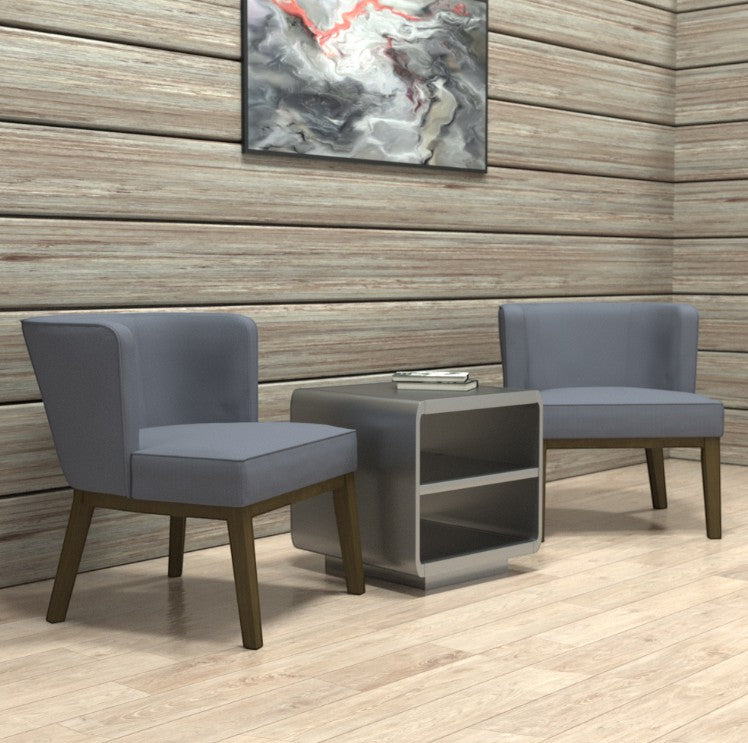 Valiant Products Langford guest chairs in slate grey linen with wooden legs arranged with a modern side table