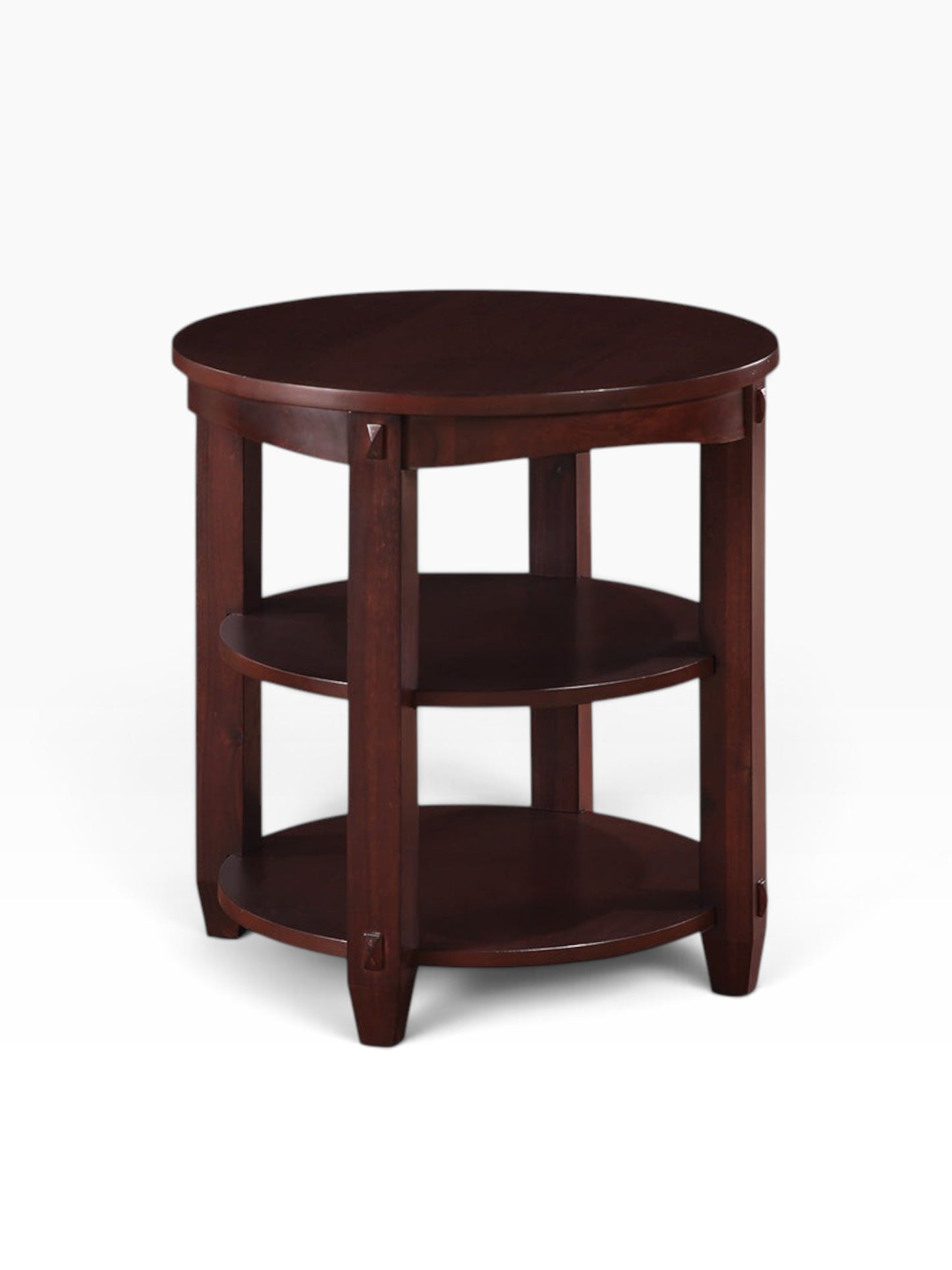 Valiant Products Lanie round end table in espresso finish with three open display shelves and solid wood legs.
