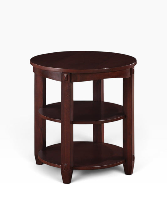 Valiant Products Lanie round end table in espresso finish with three open display shelves and solid wood legs.