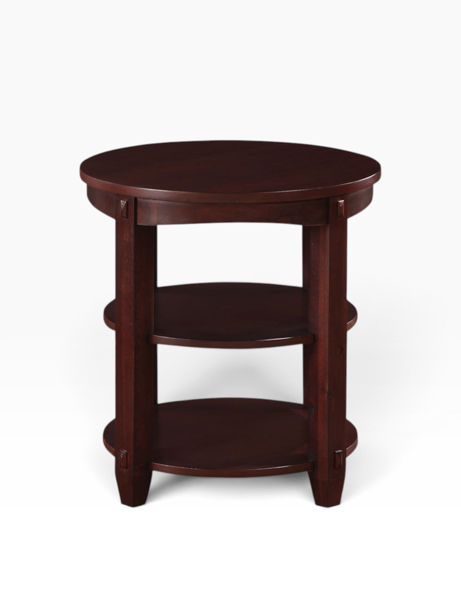 Valiant Products Lanie round end table in espresso finish with three tiers of shelving and solid wood construction.