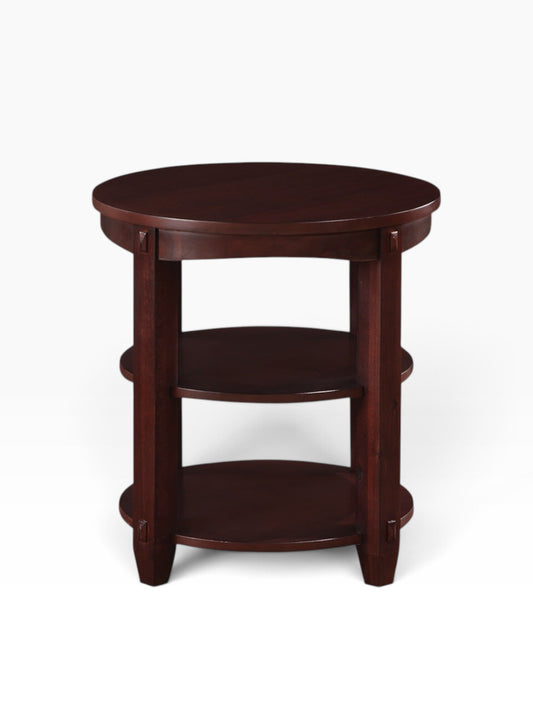 Valiant Products Lanie round end table in espresso finish with three tiers of shelving and solid wood construction.