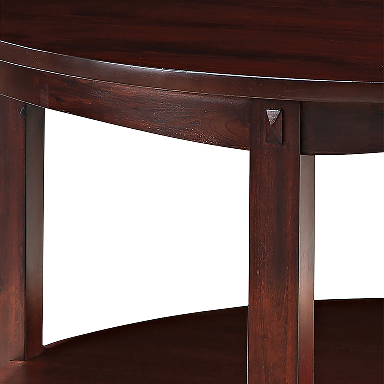 Valiant Products Lanie round coffee table in espresso finish featuring solid wood legs and decorative joinery detail.