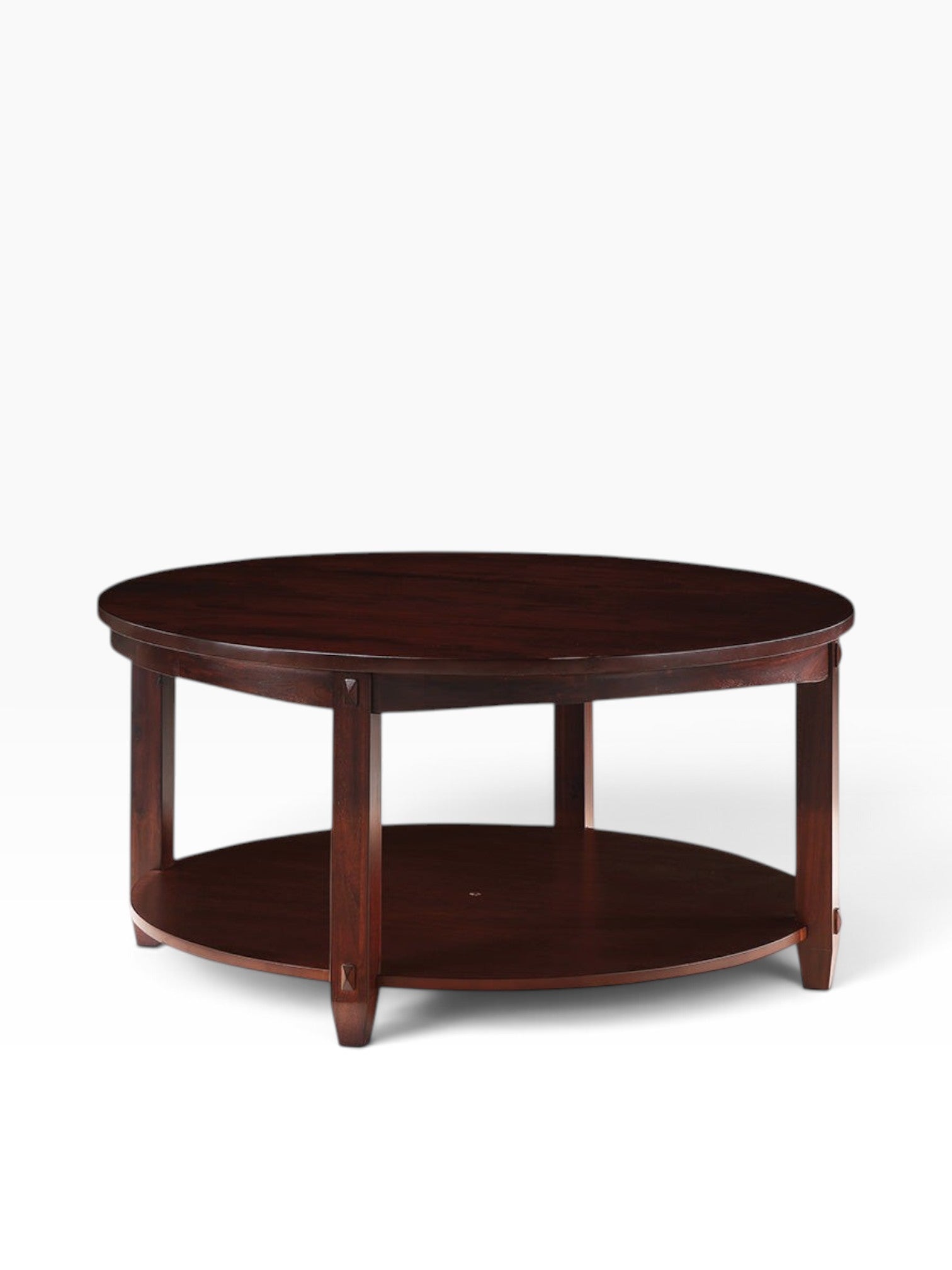 Valiant Products Lanie round coffee table in espresso finish with a lower storage shelf and solid wood legs.