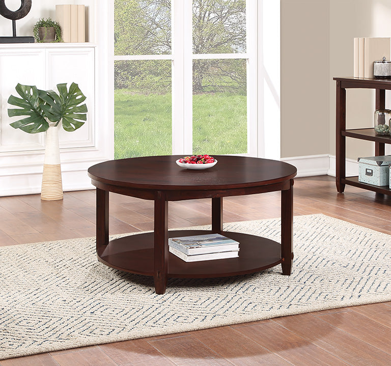 Valiant Products Lanie round coffee table in espresso finish with a lower storage shelf and solid wood legs.