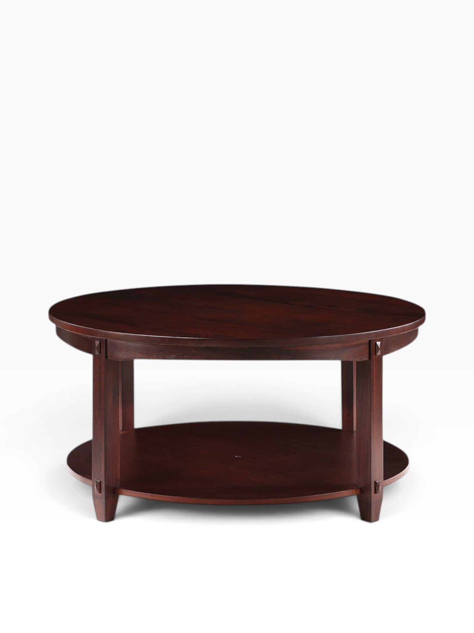 Valiant Products Lanie round coffee table in espresso finish with a lower storage shelf and solid wood legs.