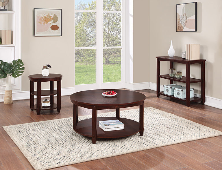 Valiant Products Lanie round espresso wood end table with three shelves in a contemporary living room setting