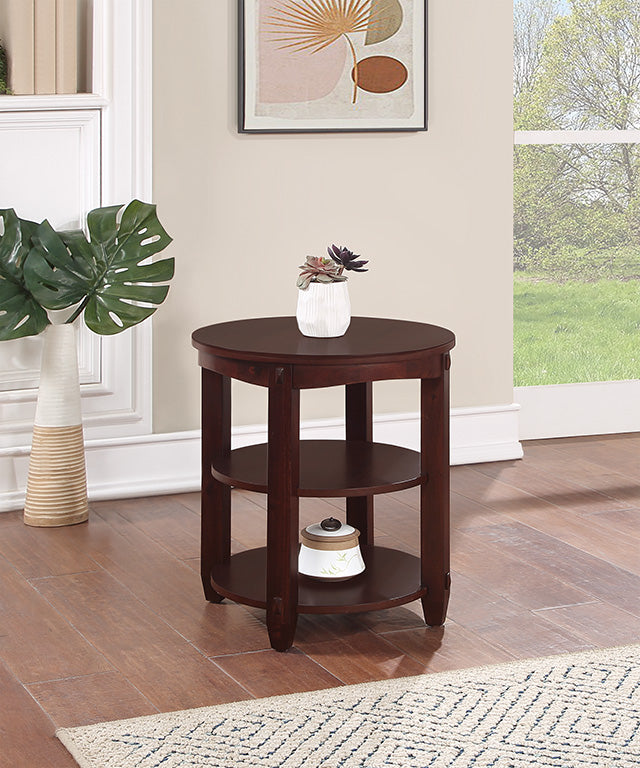 Valiant Products Lanie round end table in espresso finish with three shelves and solid wood legs in a living room.