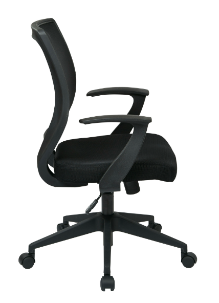 Valiant Products LaVale black ergonomic office chair with a breathable mesh screen back and padded T-arms.