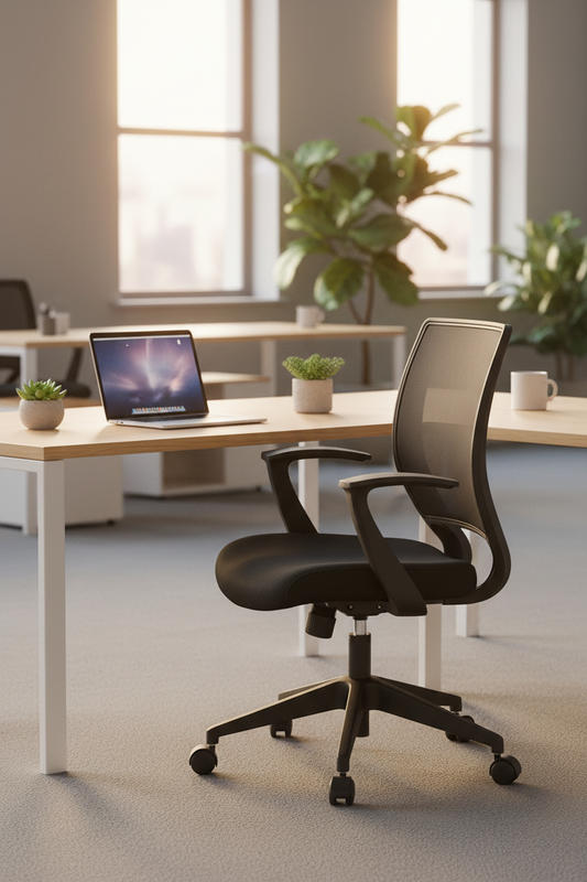 Valiant Products LaVale black ergonomic mesh office chair with T-arms and lumbar support in a modern workspace.