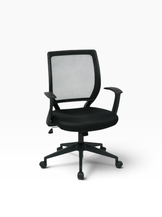 Valiant Products LaVale ergonomic office chair with black mesh screen back, padded seat, and fixed T-arms.
