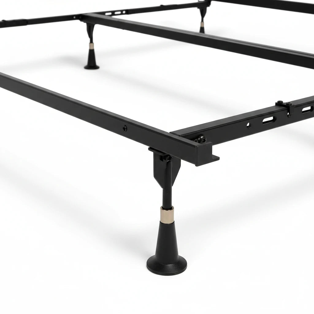 Valiant Products Lev-R-Lock heavy-duty black steel bed frame with recessed toe-saving legs and tool-free assembly