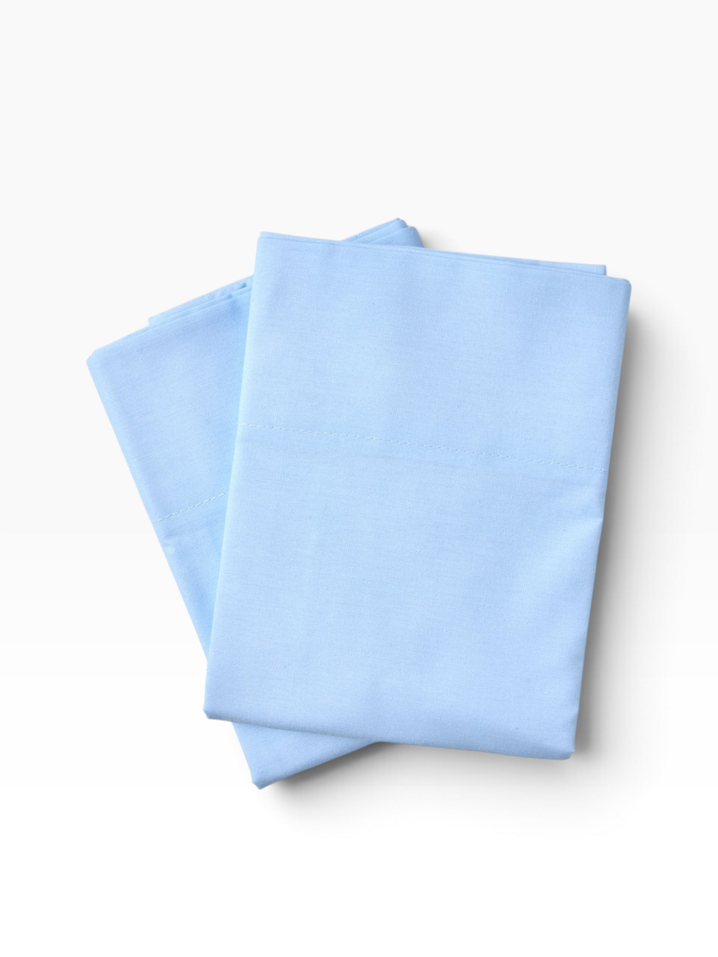 Valiant Products light blue T-180 cotton-polyester percale pillowcases with a classic hemmed design.