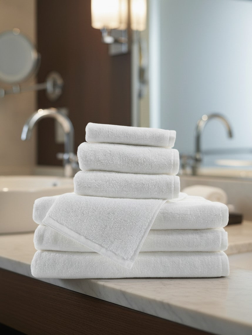 Valiant Products Luxe white borderless cotton washcloths stacked neatly on a marble bathroom vanity counter