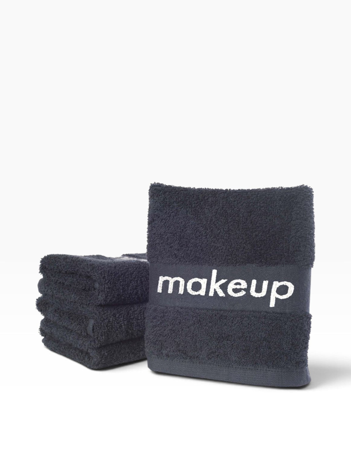 Valiant Products dark grey cotton wash cloths with a jacquard border featuring the word makeup in white text