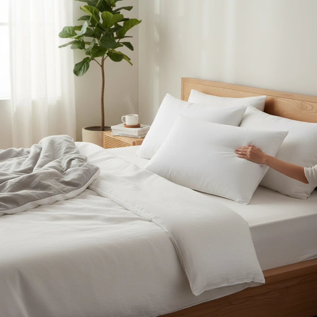 Valiant Products Martex Basics white pillow on a neatly made bed with a hand resting on the soft, lofty surface.