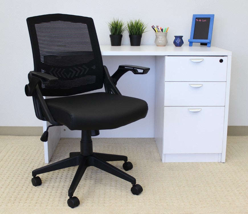 Valiant Products ergonomic task chair with black mesh back, vinyl seat, and flip-up arms at a white desk