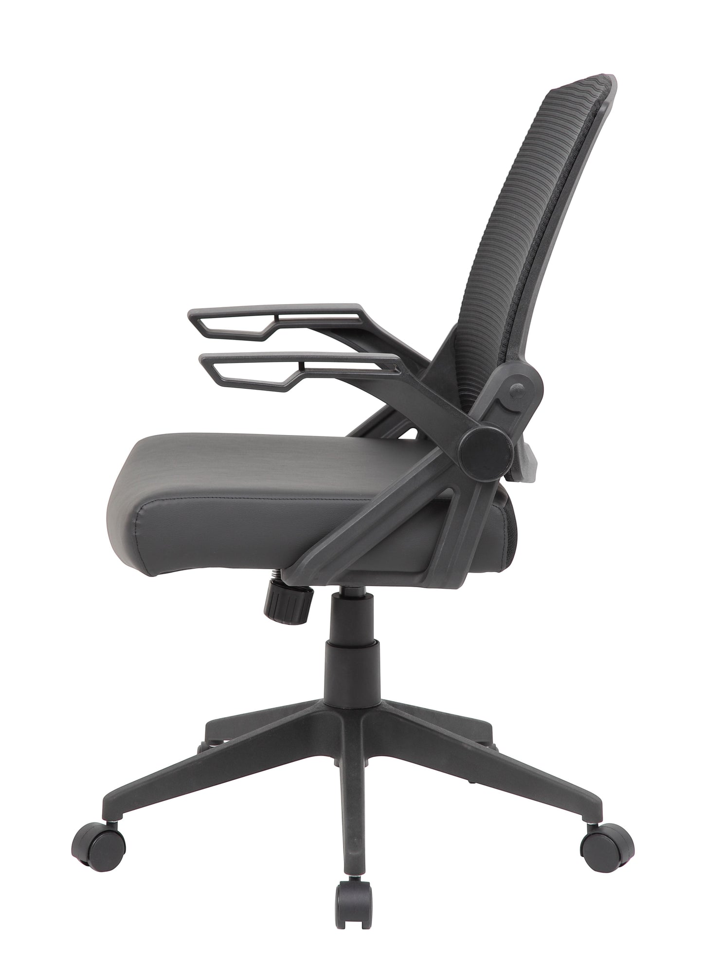 Valiant Products Tycoon ergonomic task chair with black mesh back, antimicrobial vinyl seat, and flip-up arms.