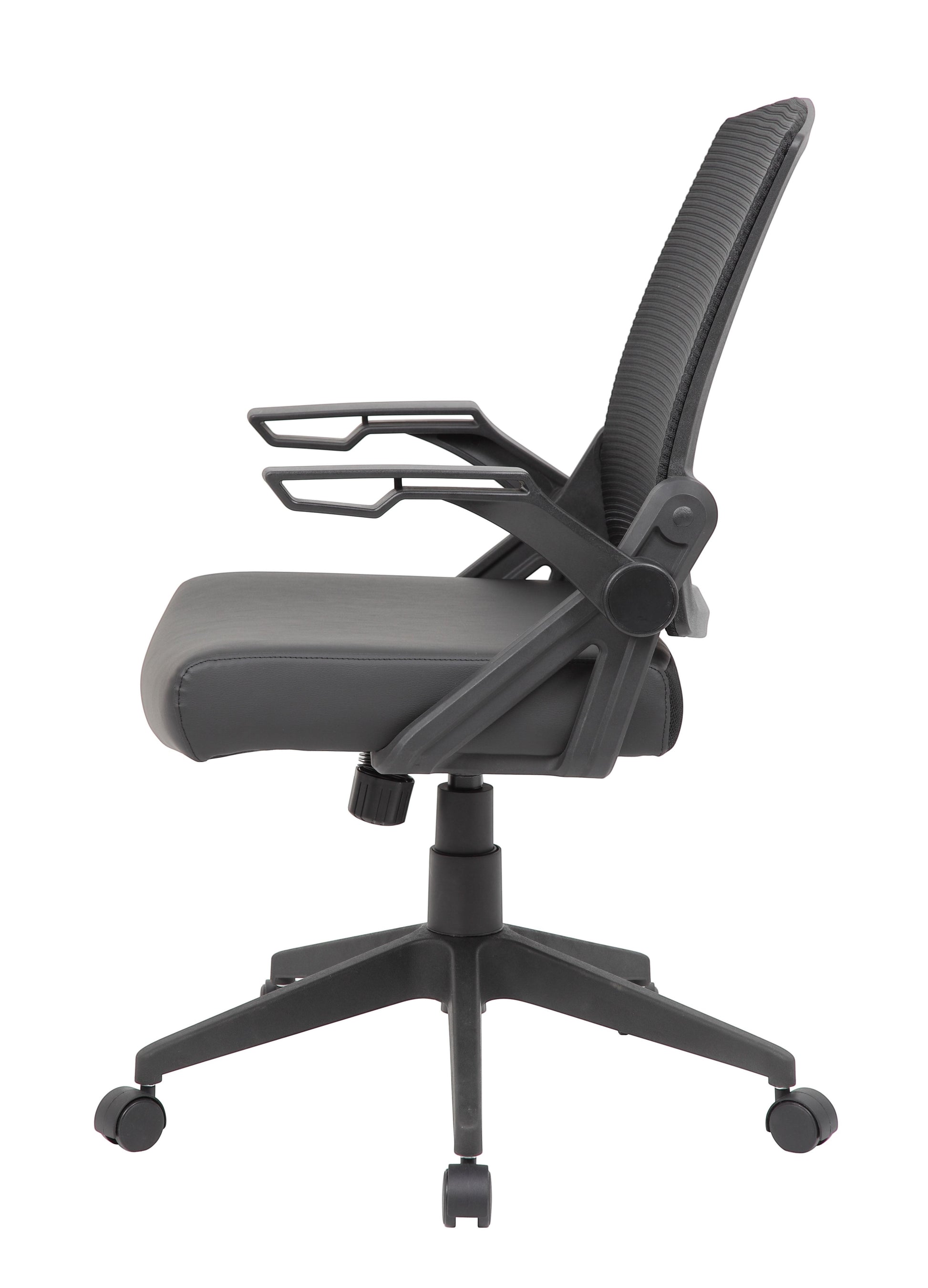 Valiant Products Tycoon ergonomic task chair with black mesh back, antimicrobial vinyl seat, and flip-up arms.