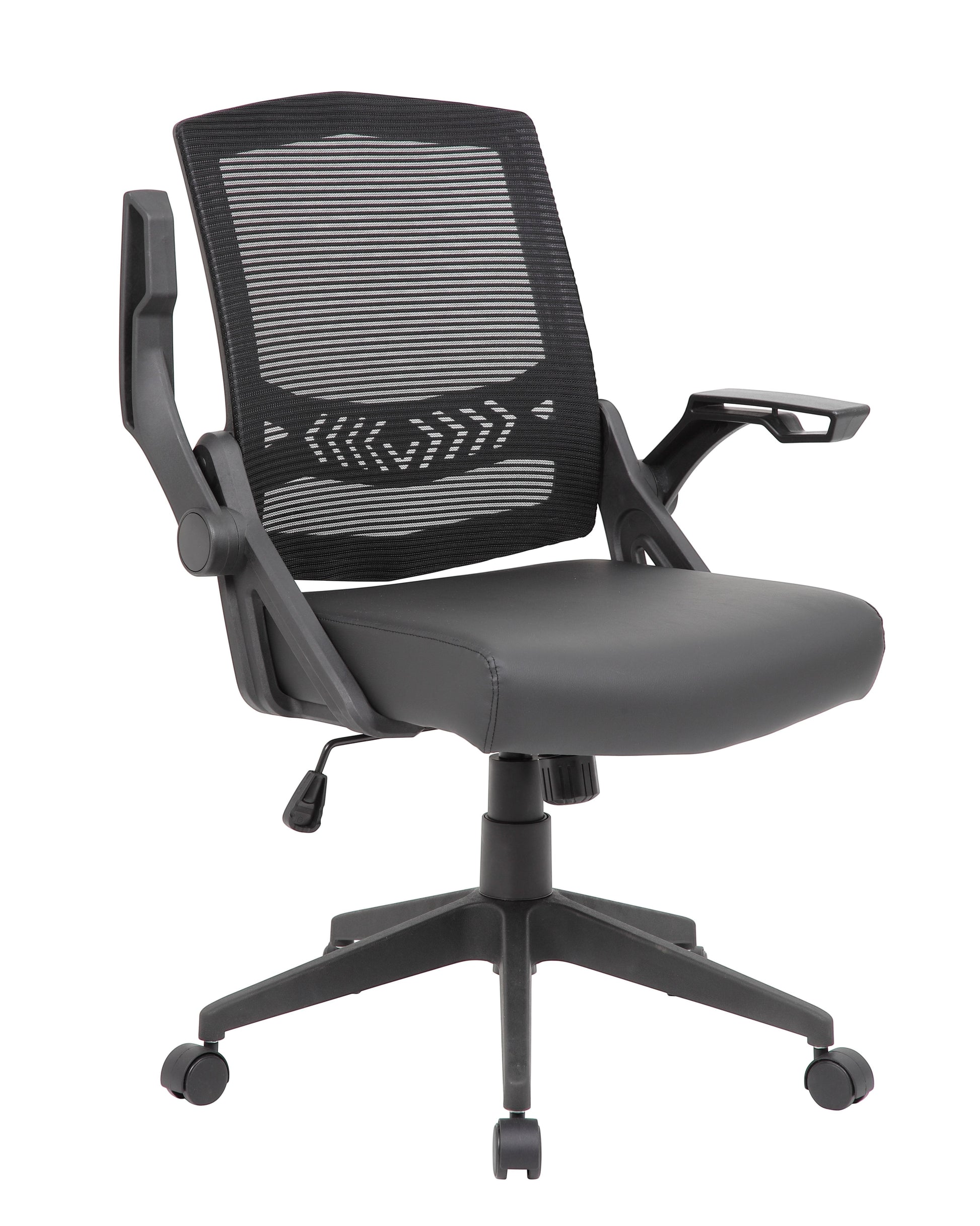 Valiant Products Tycoon ergonomic task chair with black mesh back, antimicrobial vinyl seat, and flip-up arms.
