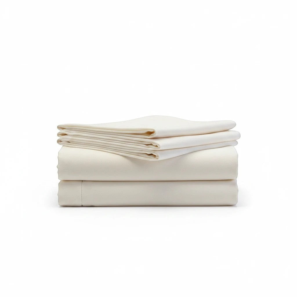 Valiant Products Millennium 200 thread count white fitted sheet folded neatly on a plain white background.