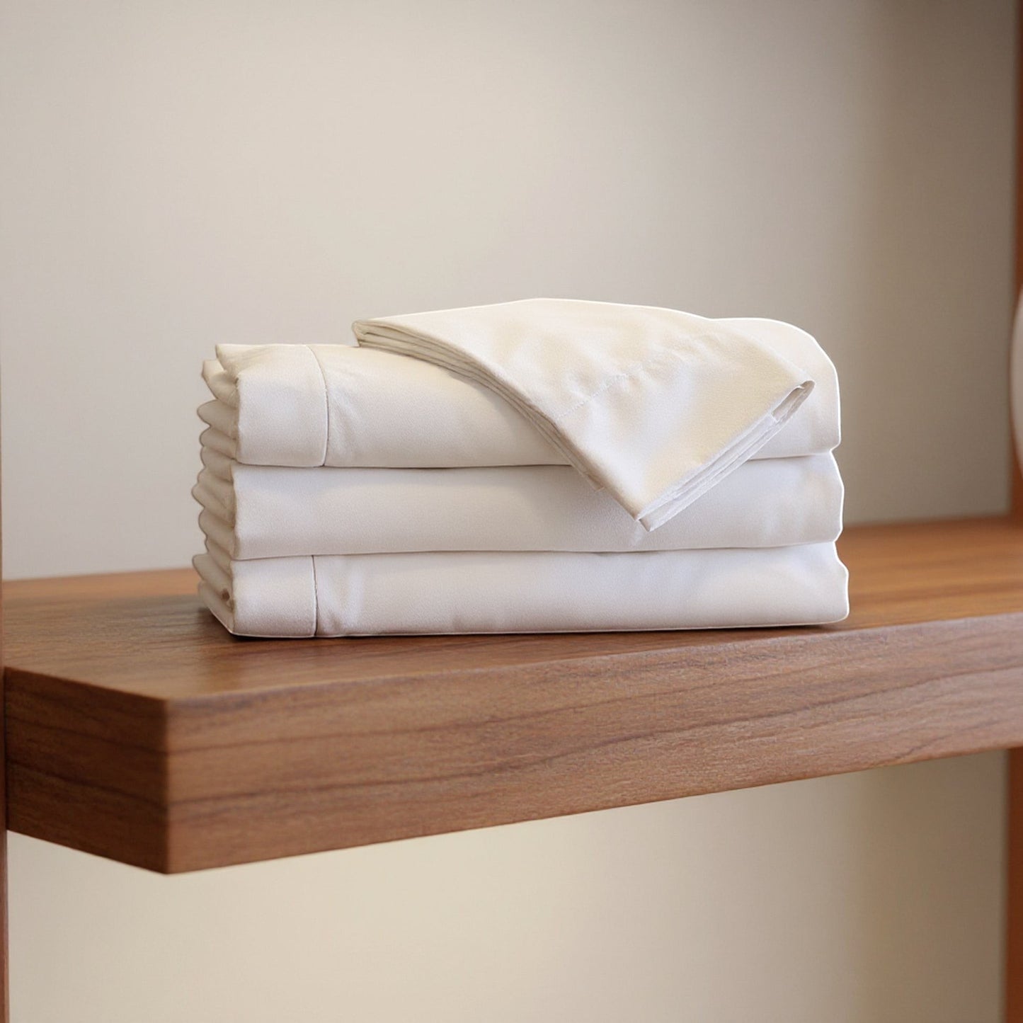 Valiant Products Millennium 300 thread count white cotton-blend pillowcases stacked neatly on a wooden shelf