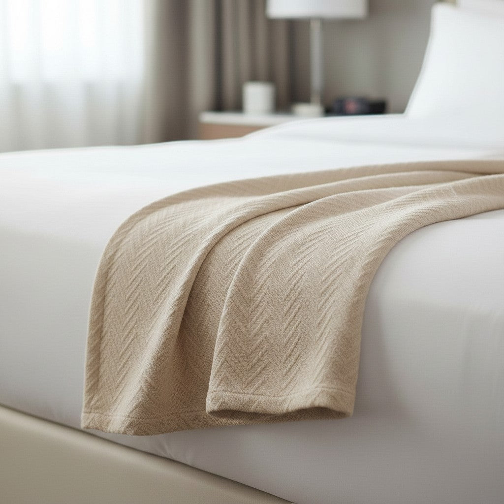 Valiant Products Grand Patrician natural cotton blanket with a herringbone weave draped over a white hotel bed