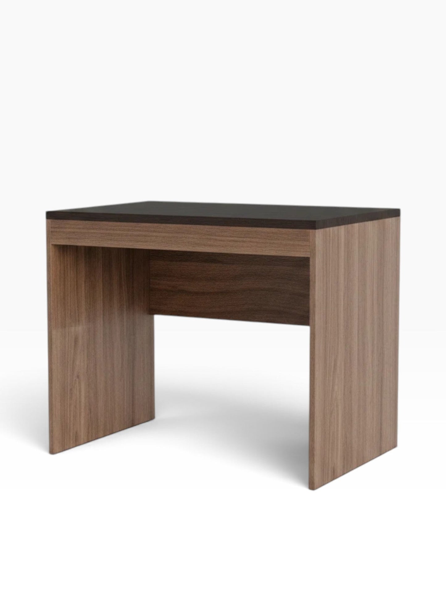 Valiant Products panel desk with a dark brown top and light wood grain side panels in a minimalist design.