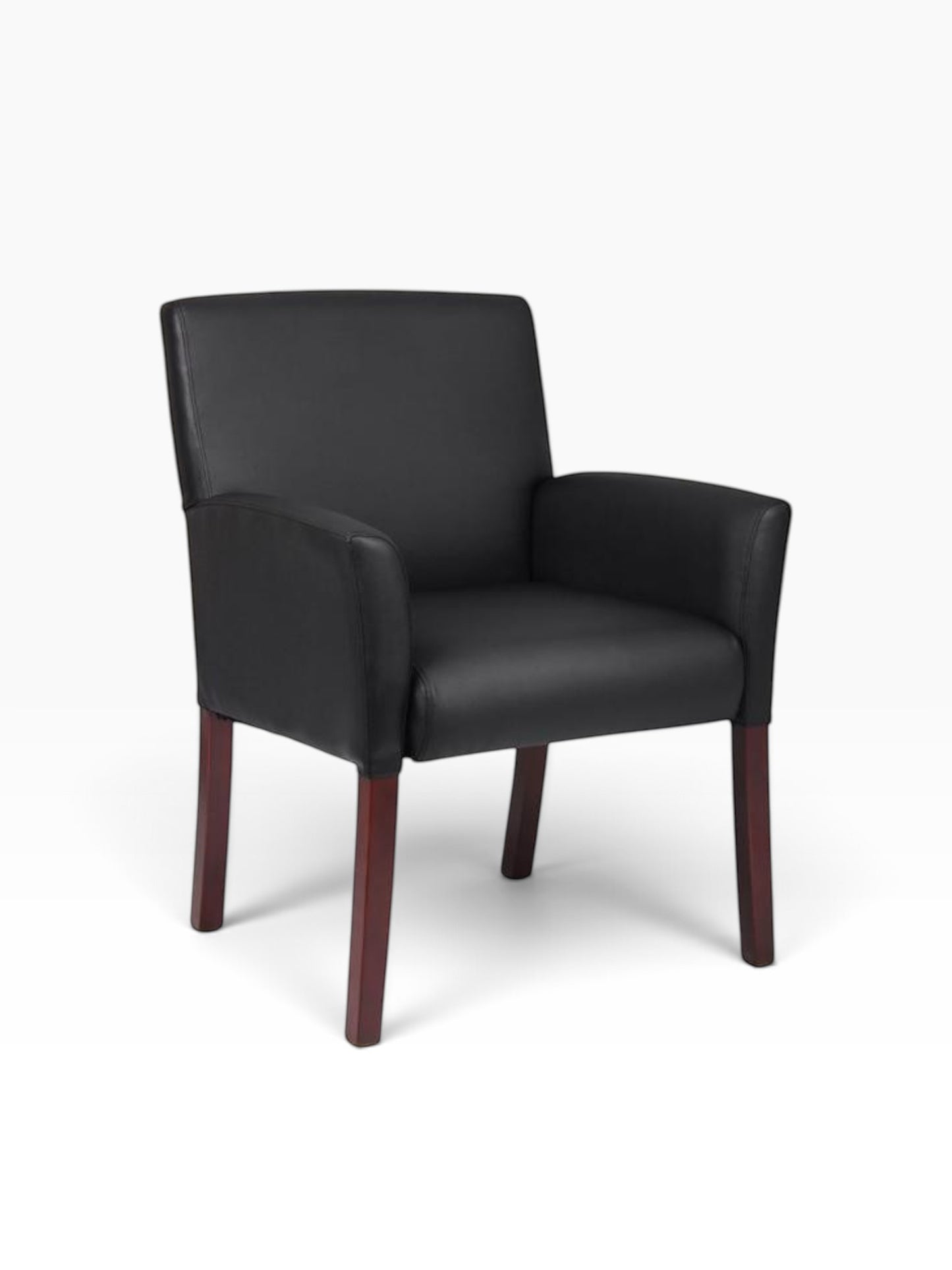 Valiant Products Perrin guest chair in black Caresoftplus vinyl with mahogany legs and ergonomic lumbar support.