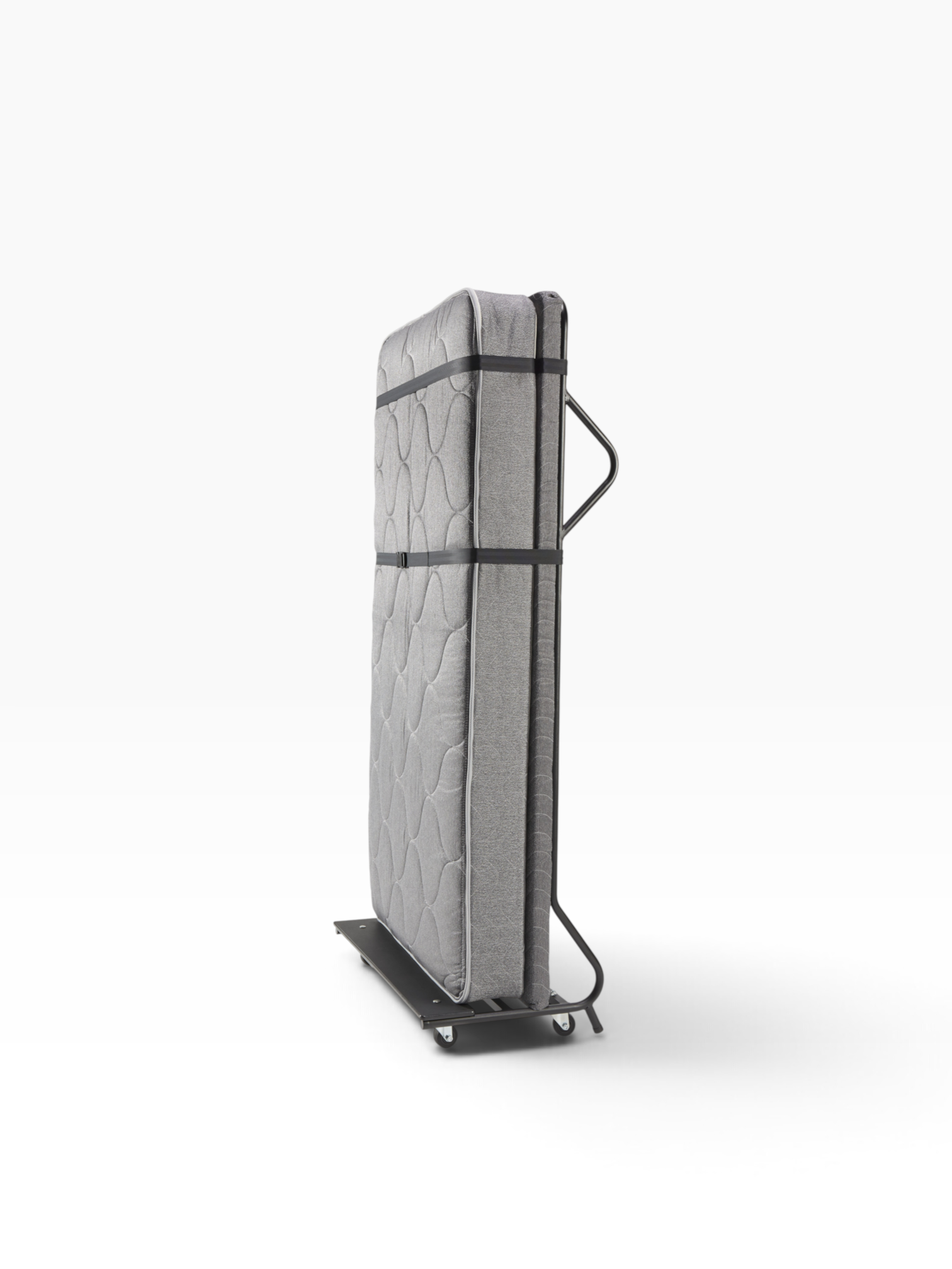 Valiant Products EZ Sleeper portable rollaway bed folded upright with a grey innerspring mattress and steel frame.