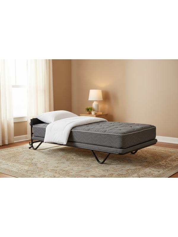 Valiant Products EZ Sleeper portable rollaway bed with an 8-inch grey innerspring mattress and black steel frame.