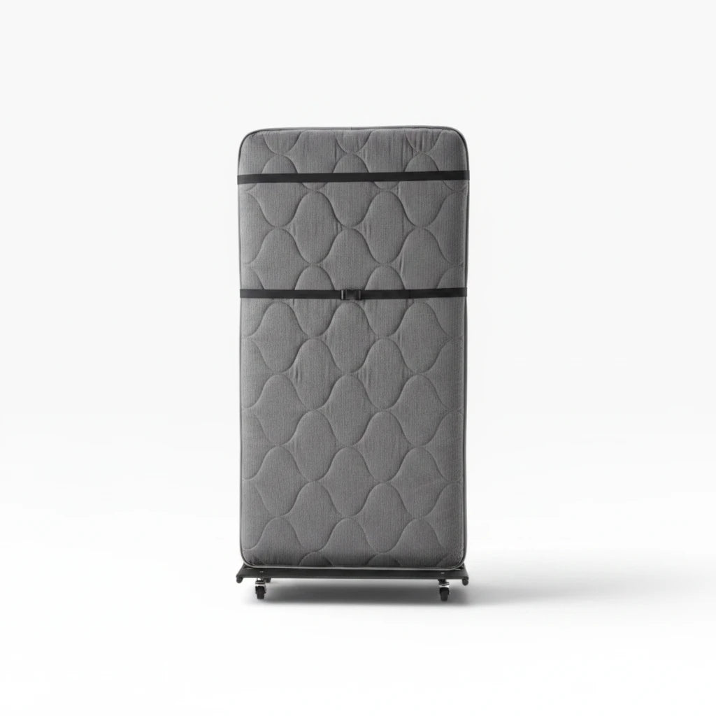 Valiant Products EZ Sleeper portable bed folded upright with a grey quilted innerspring mattress and secure straps.
